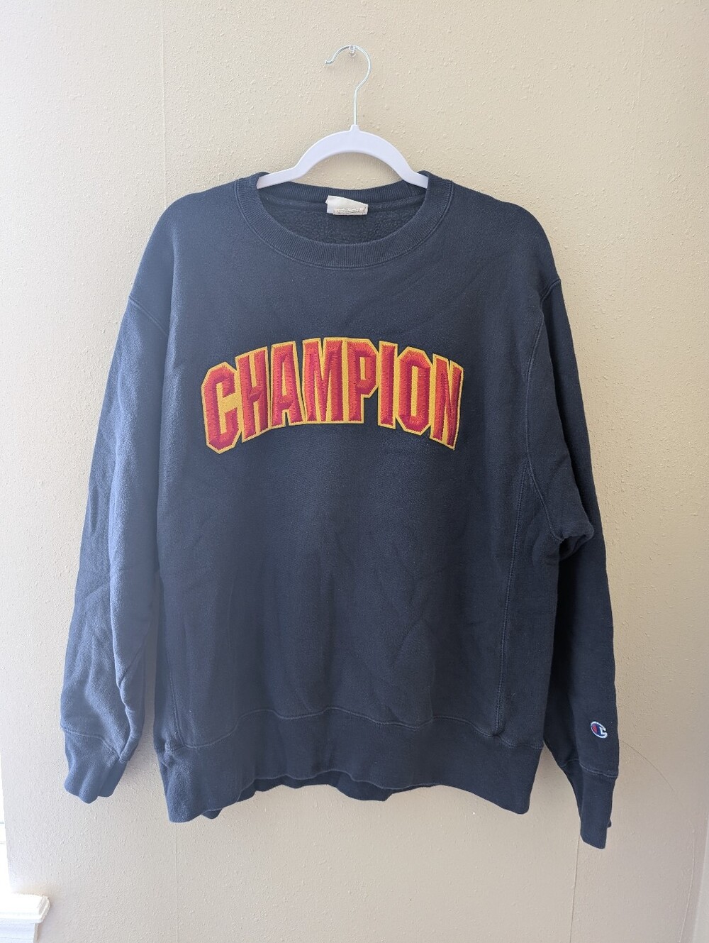 Champion Men's Navy Crewneck Sweatshirt with Bold Red-Gold Logo